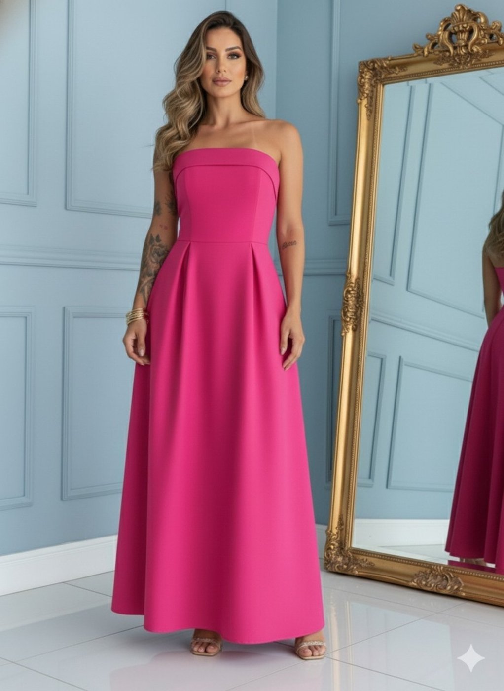 Vestido Longo com Pregas Decote Reto Festa Madrinha Casamento Linho Misto