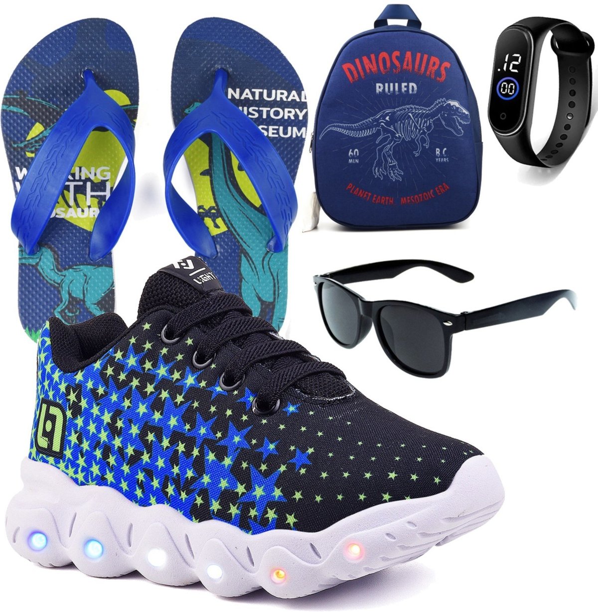 Imagem principal Infantil - Tenis De Led Meninos Casual Preto e Com Luzes + Mochila Chinelo Óculos e Relógio CALCADOS LGHT LIGHT azul CALCADOS LGHT LIGHT azul