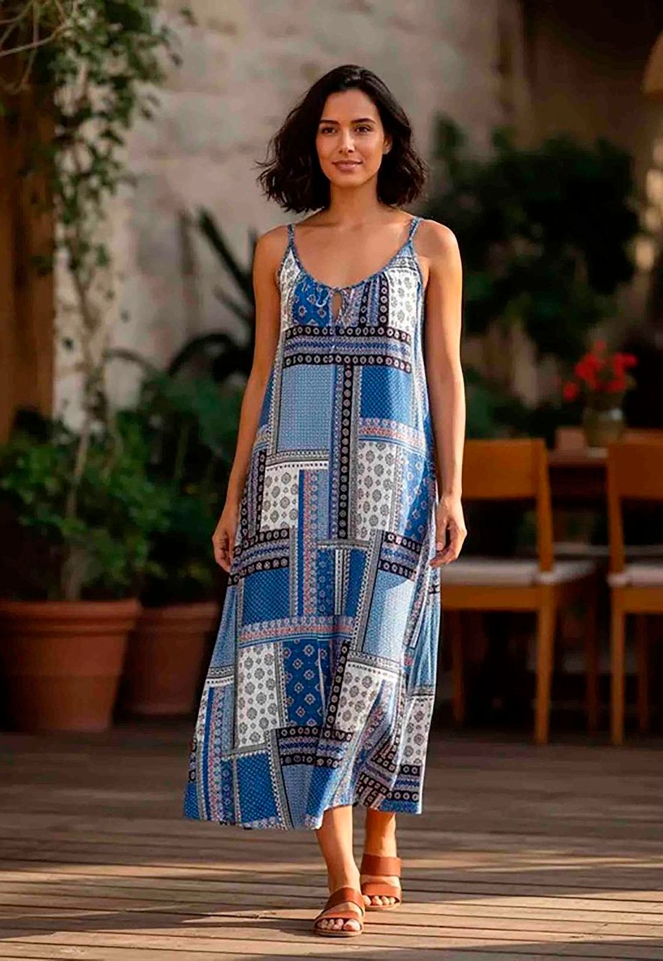 Vestido Amazonia Vital Longo Caçuá Viscose Alça Fina Estampa Blue Baby