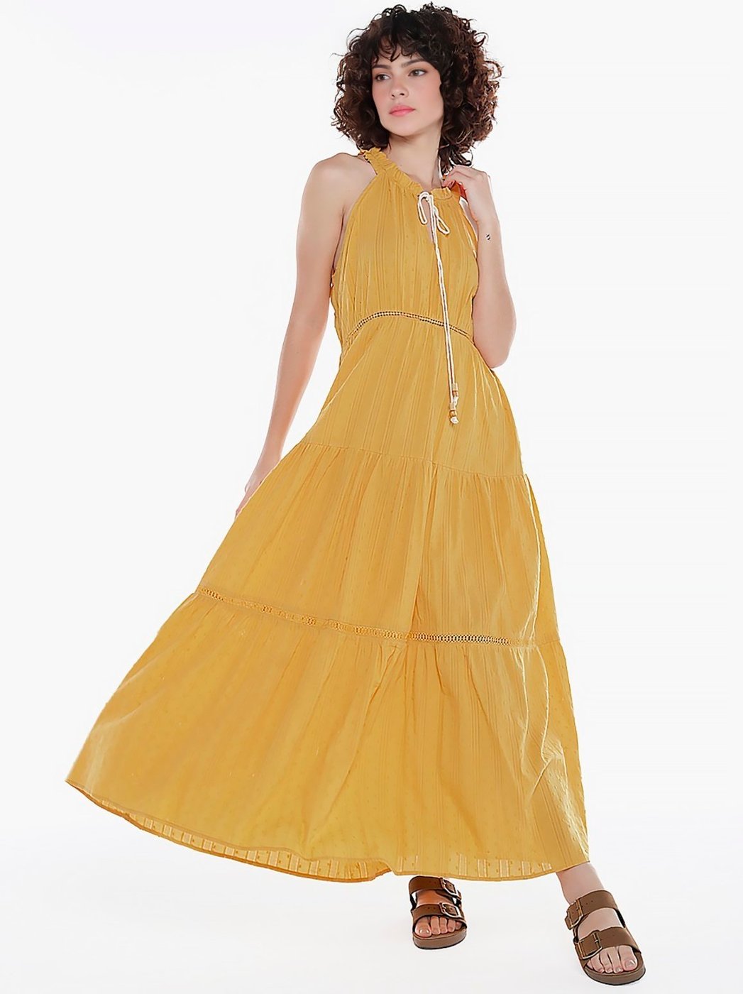 Vestido Longo de Laise Algodão Puro Saia Rodada