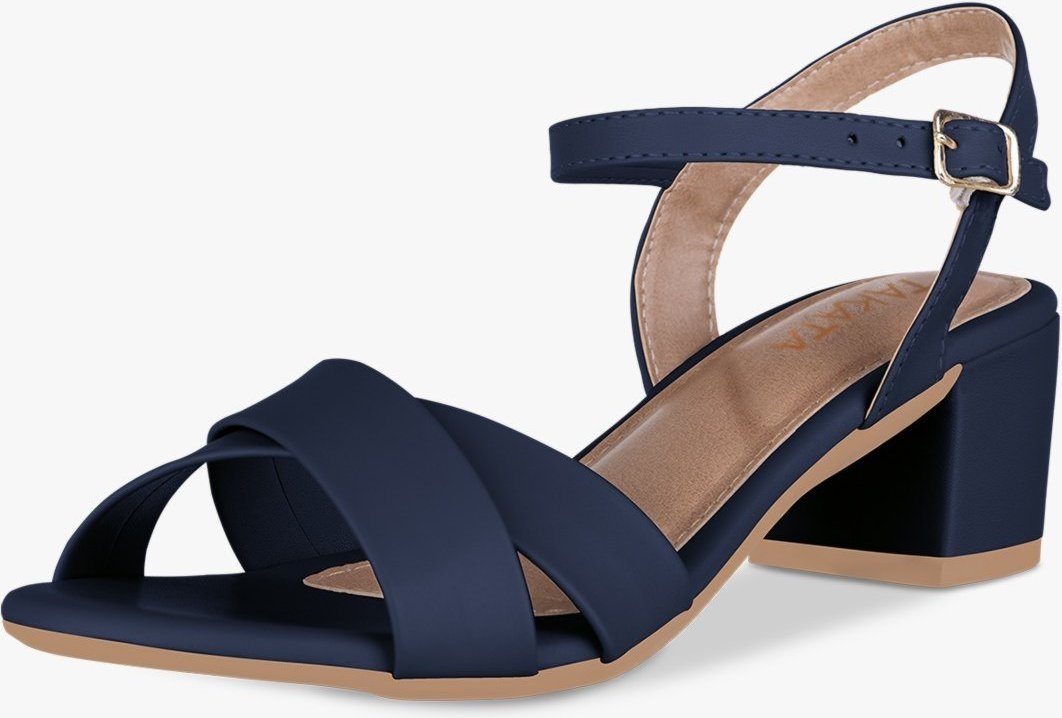 Sandália Feminina Salto Bloco Baixo Fivela Tiras Cruzadas Marinho