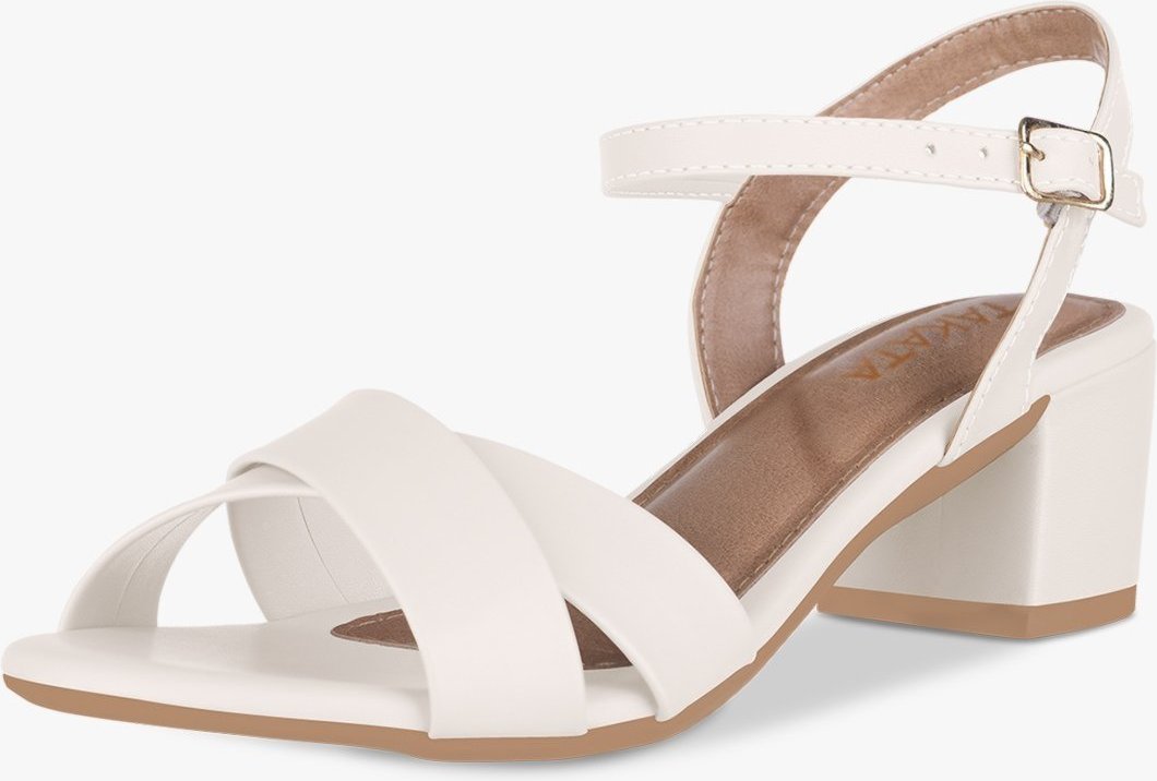 Sandália Feminina Salto Bloco Baixo Fivela Tiras Cruzadas Off White