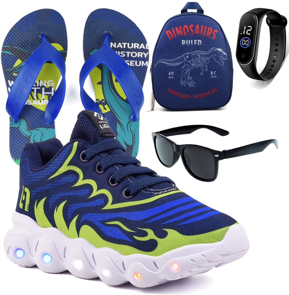Imagem principal Infantil - Tenis De Led Meninos Casual Marinho e Verde Com Luzes + Mochila Chinelo Óculos e Relógio CALCADOS LGHT LIGHT azul verde CALCADOS LGHT LIGHT azul verde