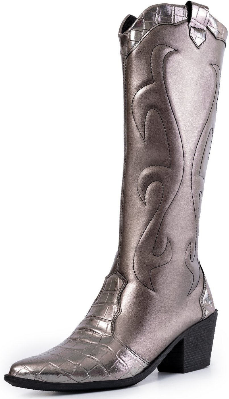 Bota Feminina Western Lumiss Texana Bico Fino Salto Grosso Confortável Country Prata