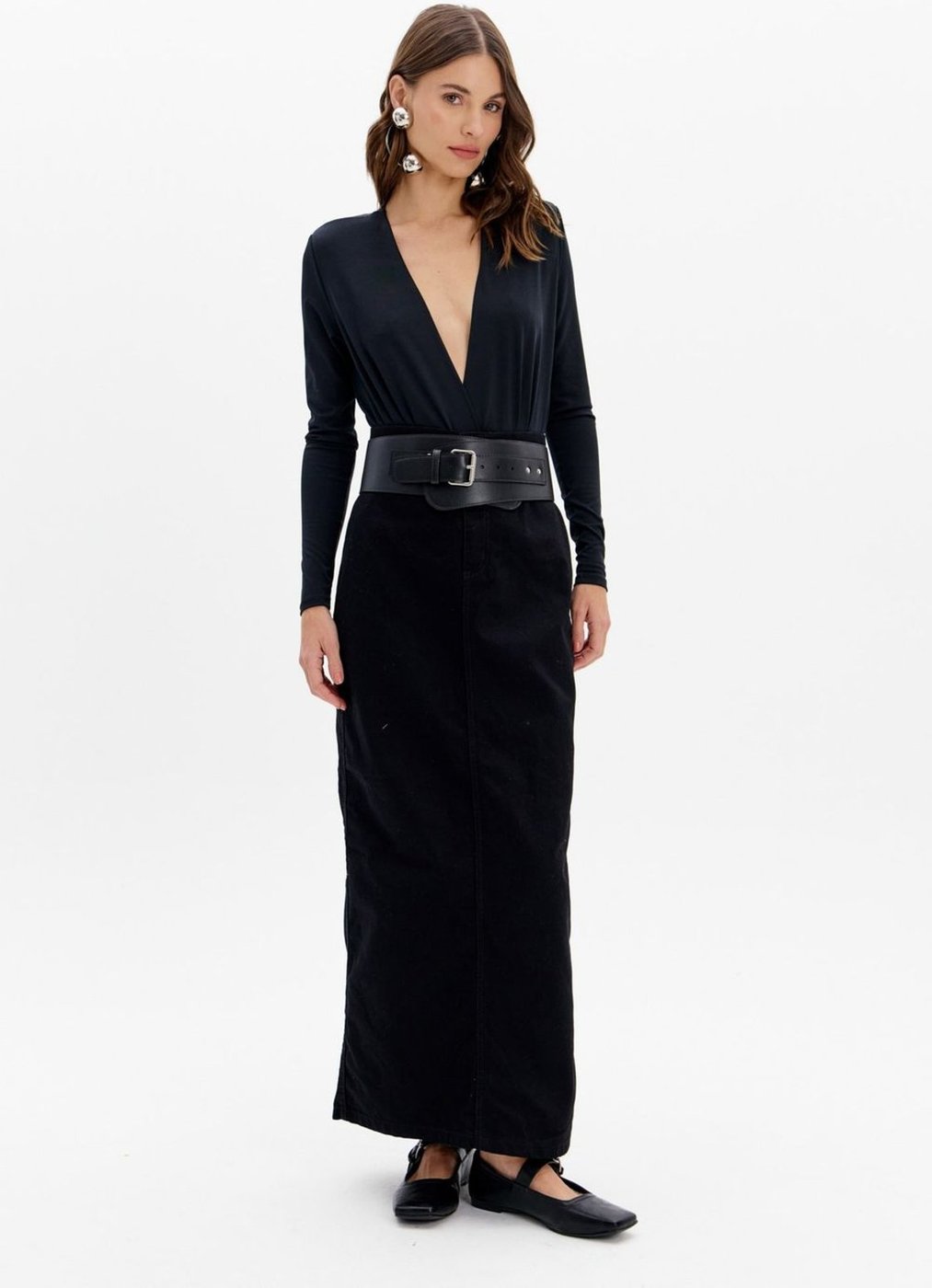 Saia Sarja Super Midi Cintura Alta com Cinto