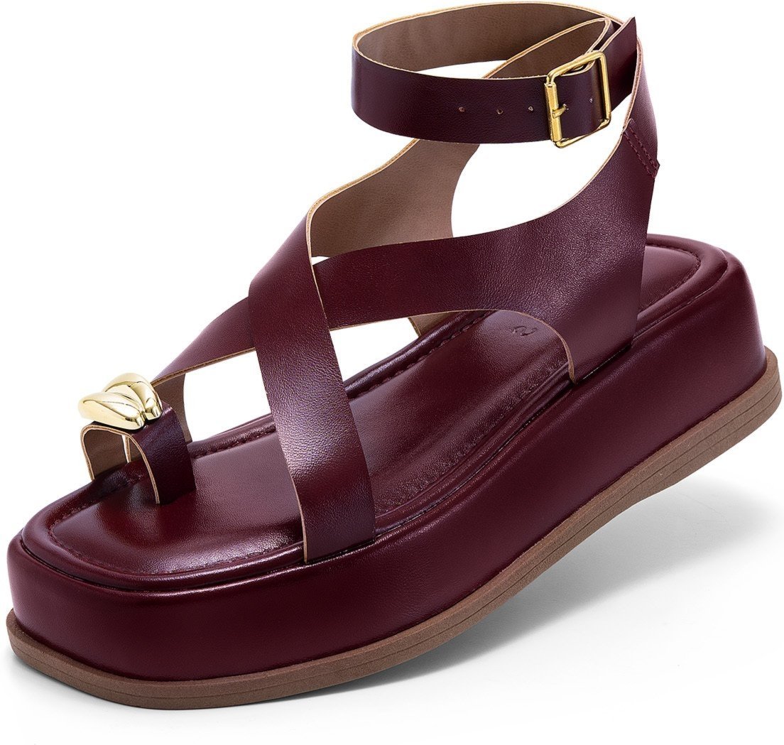 Imagem principal Sandália Feminina Lumiss Flatform Confortável Enfeite Metalizado Tiras Marsala vinho LUMISS vinho