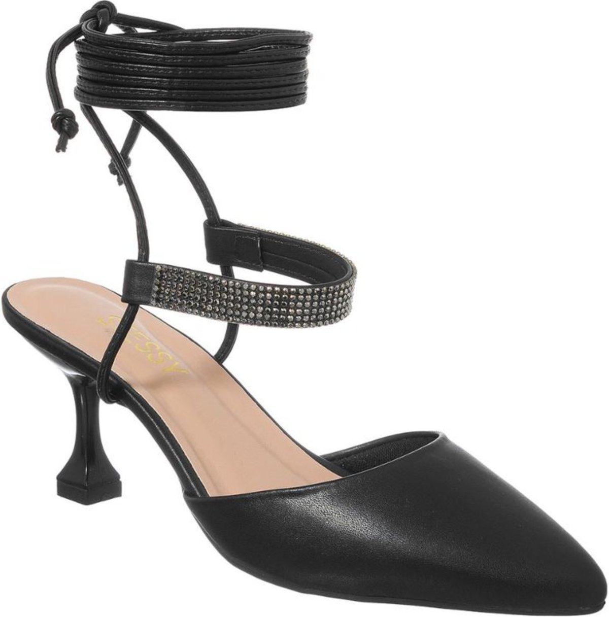 Imagem principal Scarpin Bico Fino Salto Taça Baixo Strass Amarrar Confort Stessy Shoes preto Stessy Shoes preto