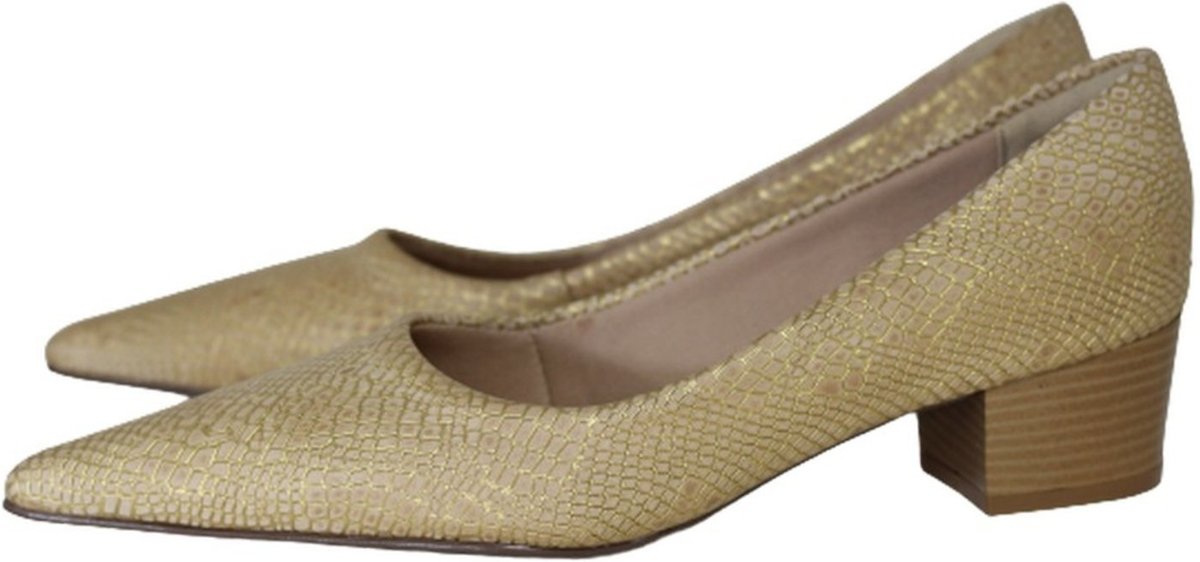 Scarpin Bico Fino em Couro Salto Grosso 4 CM Dourado