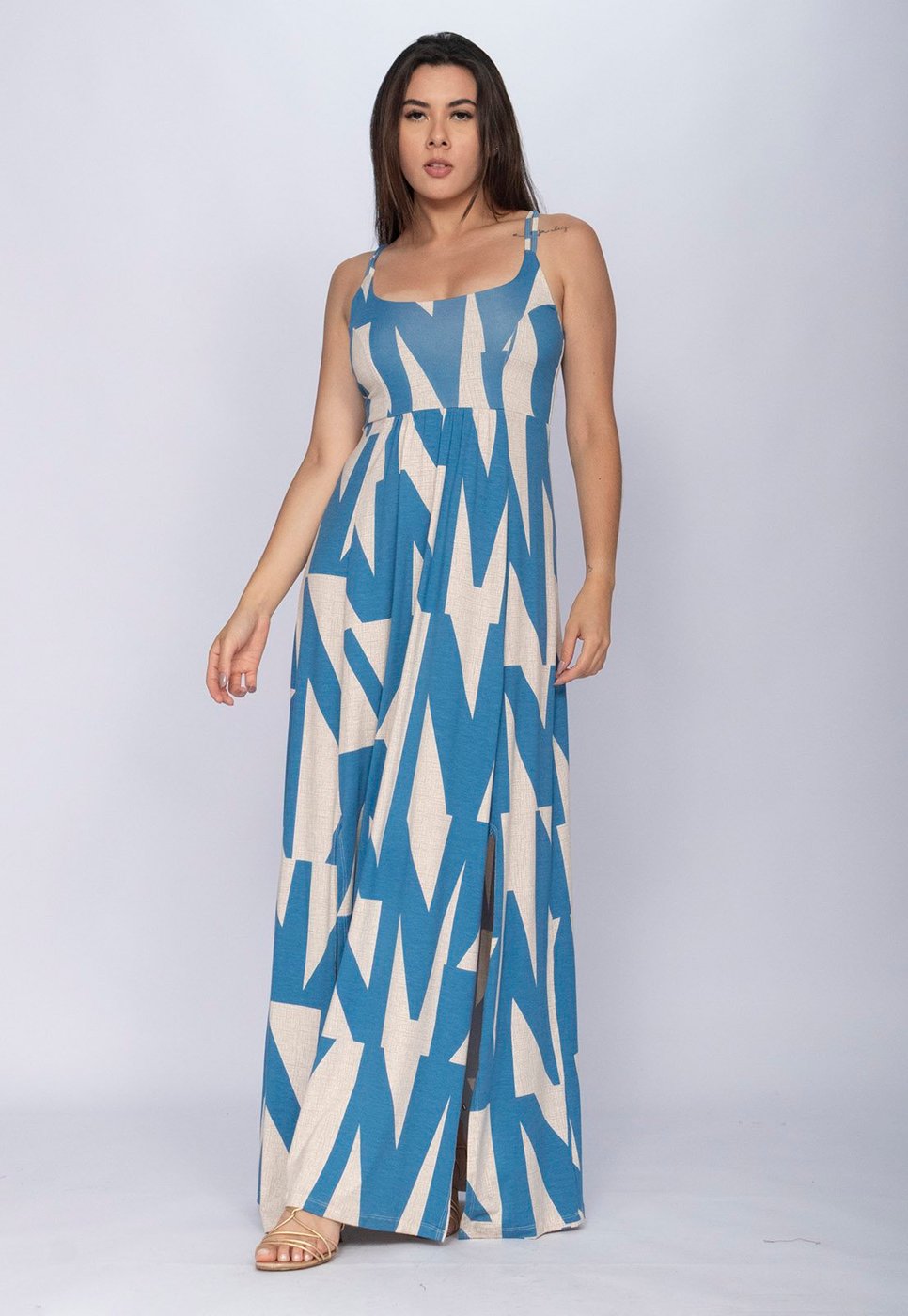 Vestido CabanaFree Longo Jambo Malha Aberturas Geométrico