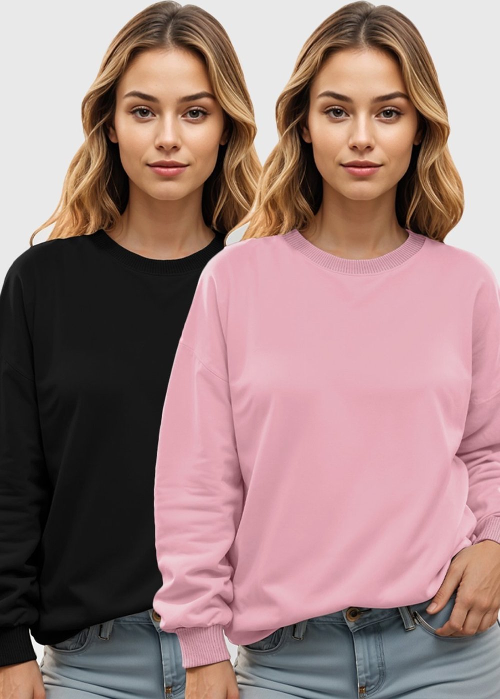 Imagem principal Kit 2 Moletom Gola Redonda Feminino Flanelado Benellys Liso Rosa com preto/rosa rosa Benellys preto/rosa rosa