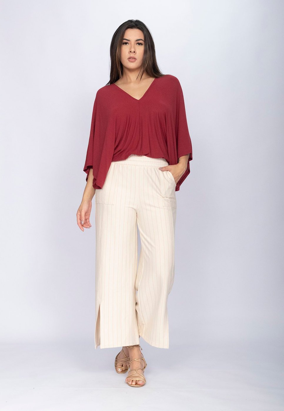 Calça Amazonia Vital Pantacourt Malha Encorpada Risca de Giz Marfim Natural