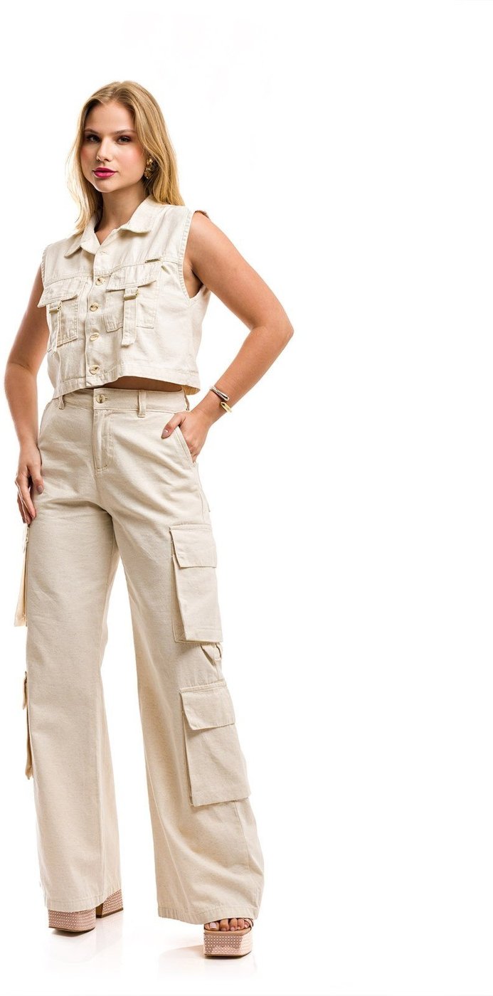 Conjunto Restrito Jeans Colete e Calça Pantalona Cargo de Linho