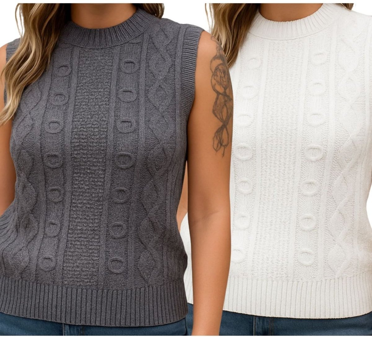 Imagem principal Kit 2 Blusas Tricô FMF Chumbo e Branco Sem Manga Básica Casual cinza FMF cinza