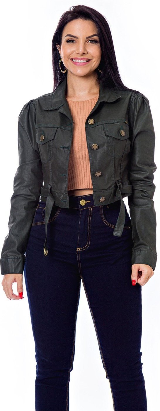 Jaqueta Restrito Jeans Resinada Premium com Botões e Cinto - Militar