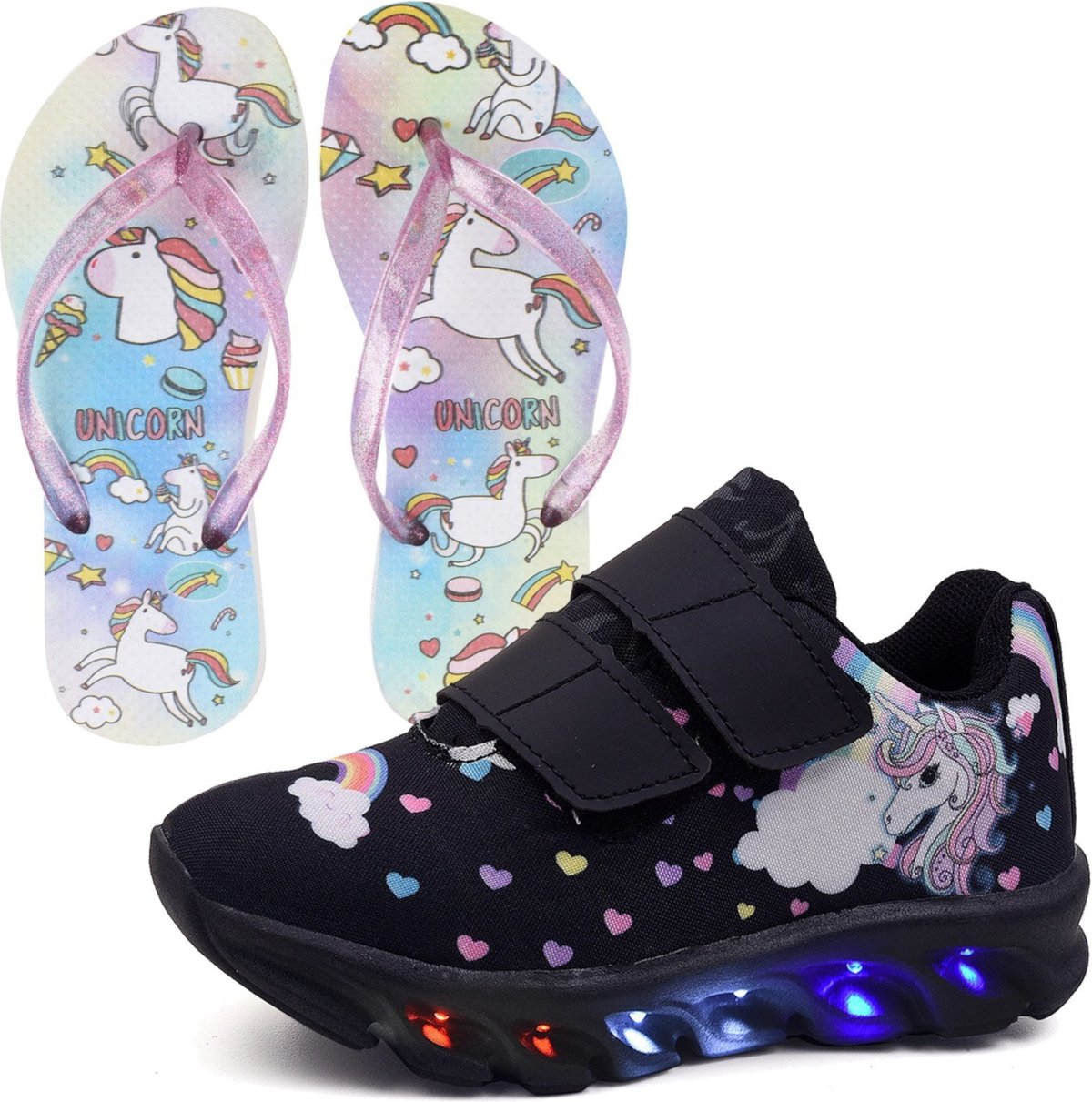 Infantil - Tênis Feminino de Led Unicornio Menina Tira Colante com Chinelo