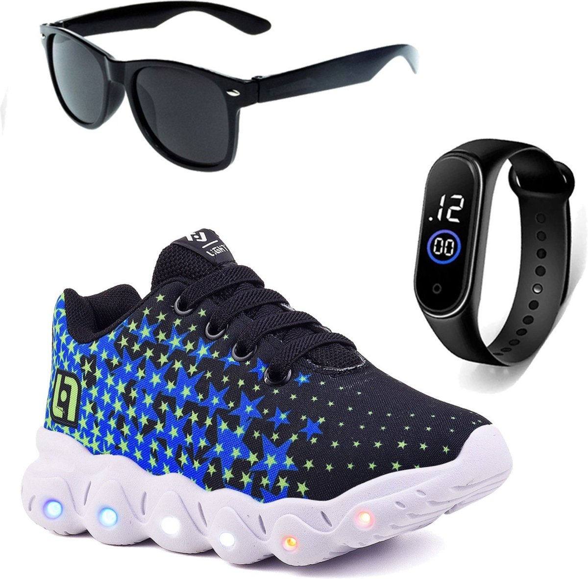 Infantil - Tenis De Led Meninos Casual Preto e Com Luzes + Óculos e Relógio