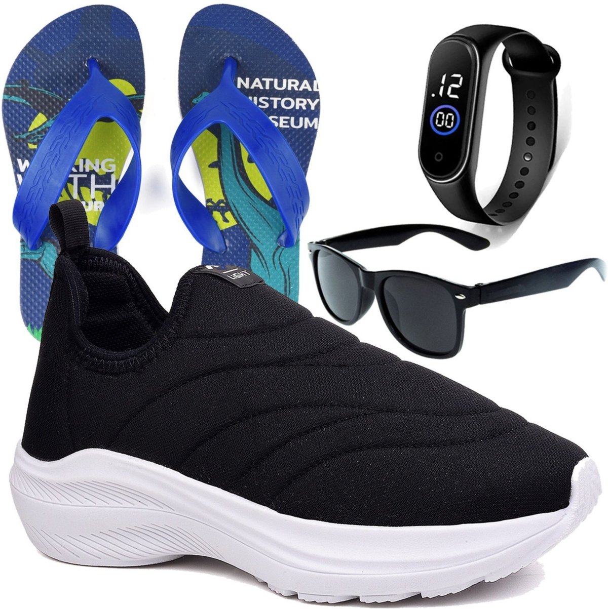 Infantil - Tenis Menino e Menina Calce Facil Preto e e Chinelo Óculos e Relógio