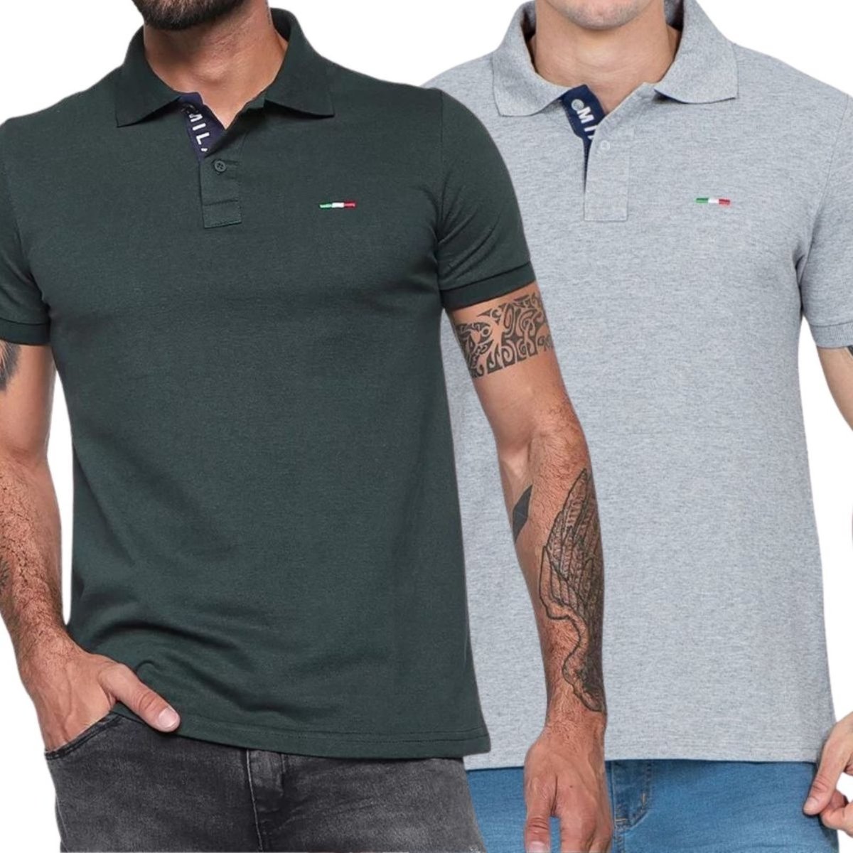 Imagem principal Kit 2 Polos Masculina Básicas FMF Verde e Cinza Piquet no Estilo Tommy Bordado Itália verde militar FMF verde militar