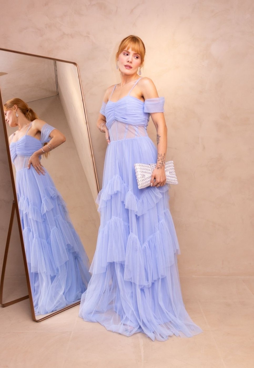 Vestido Longo de Festa Madrinhas Corselete Ombro à Ombro Saia em Camadas Elegante Luxynne Serenity