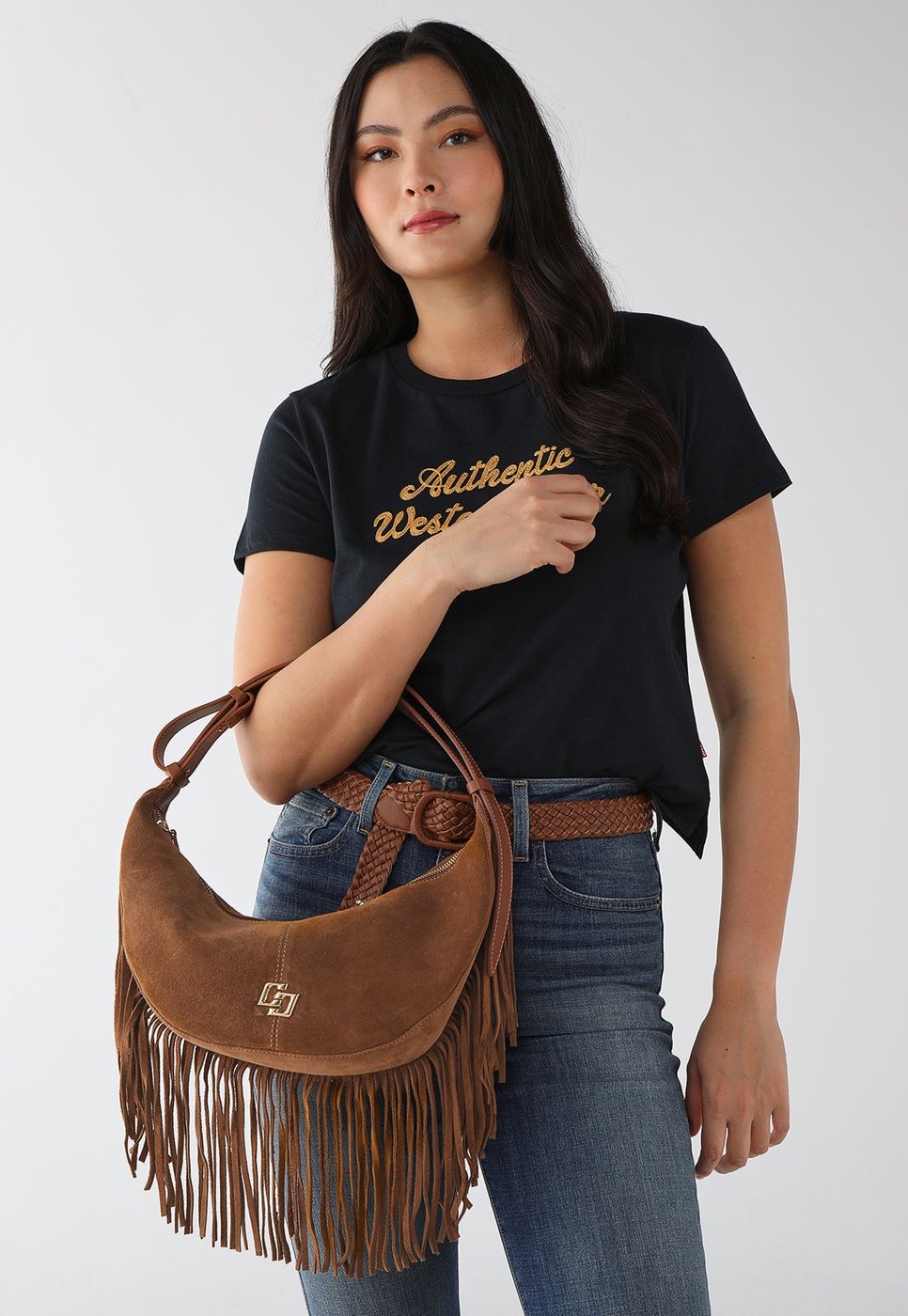 Bolsa Feminina Colcci Meia-Lua Franjas Caramelo