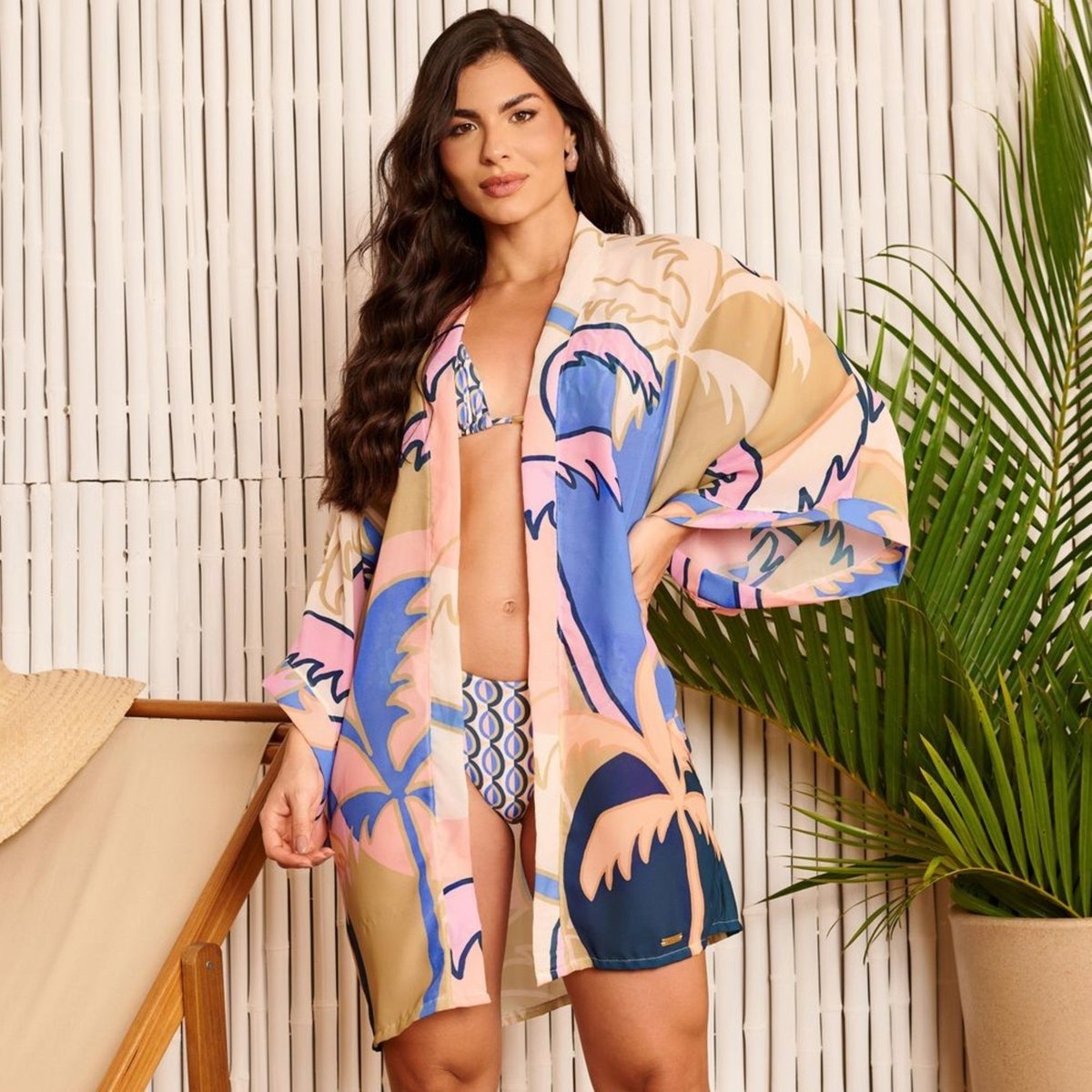 Saída de Praia Kimono Estampa Coqueiro Suave