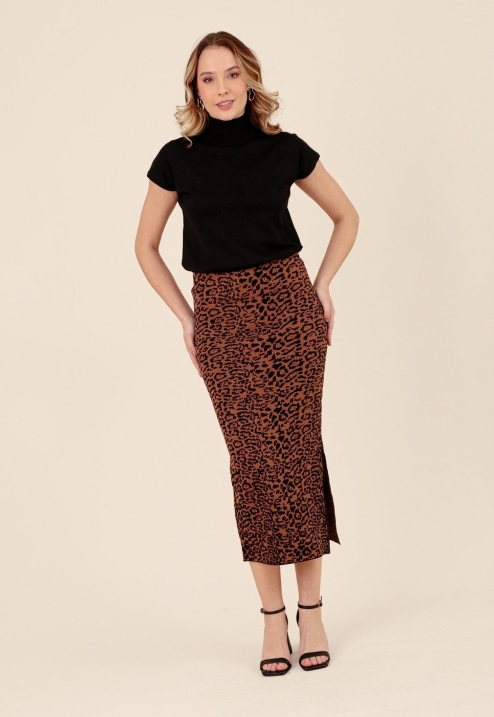 Saia Midi Pop Me Em Tricô Jaquard Animal Print