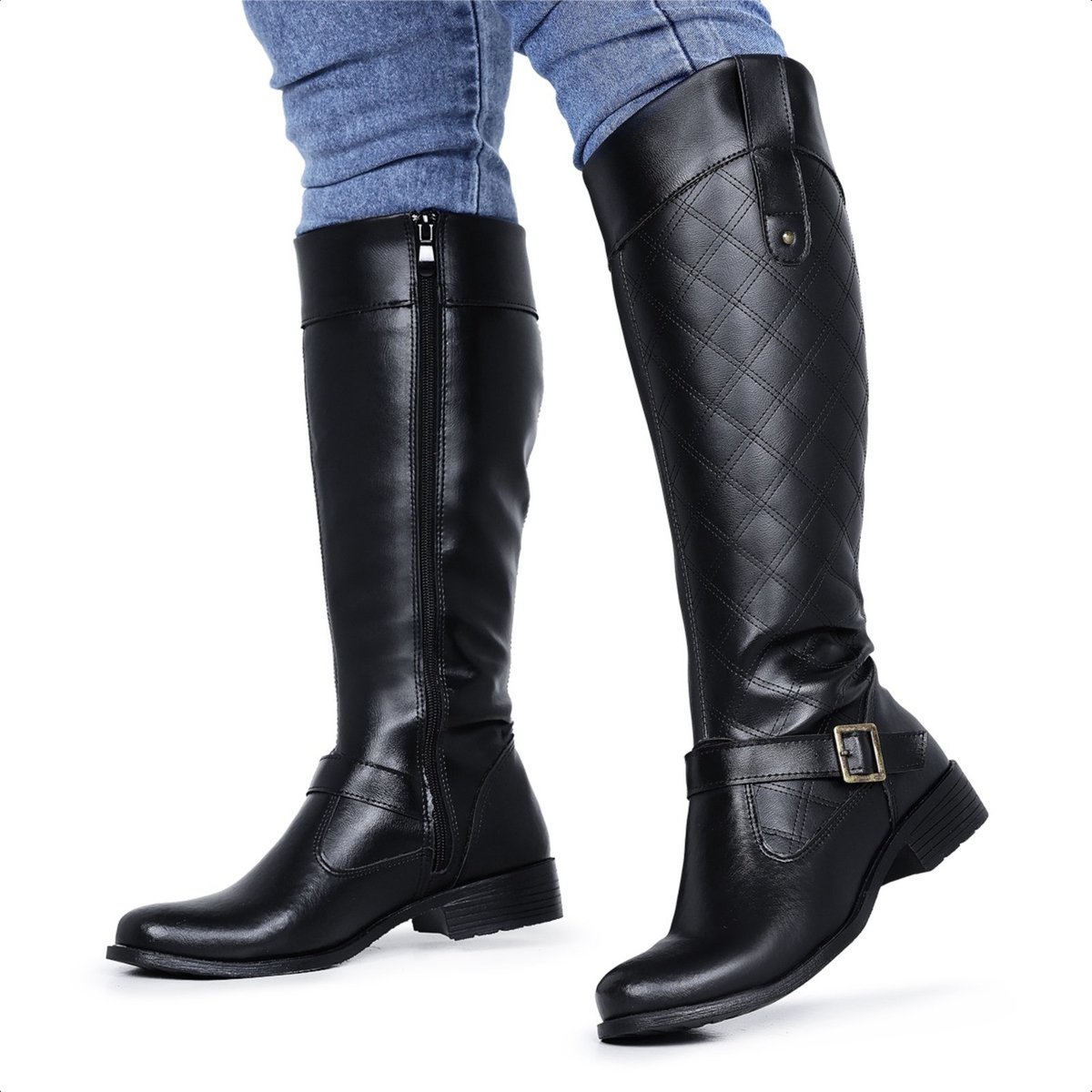 Bota Feminina Cano Longo Alto Montaria Ziper Lateral Preta