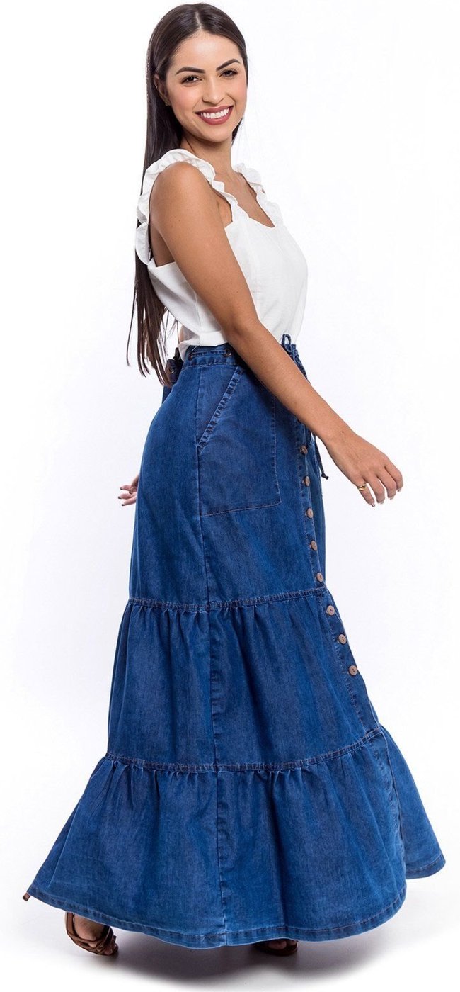 Saia Longa Restrito Jeans 3 Marias Com Botões ESCURO