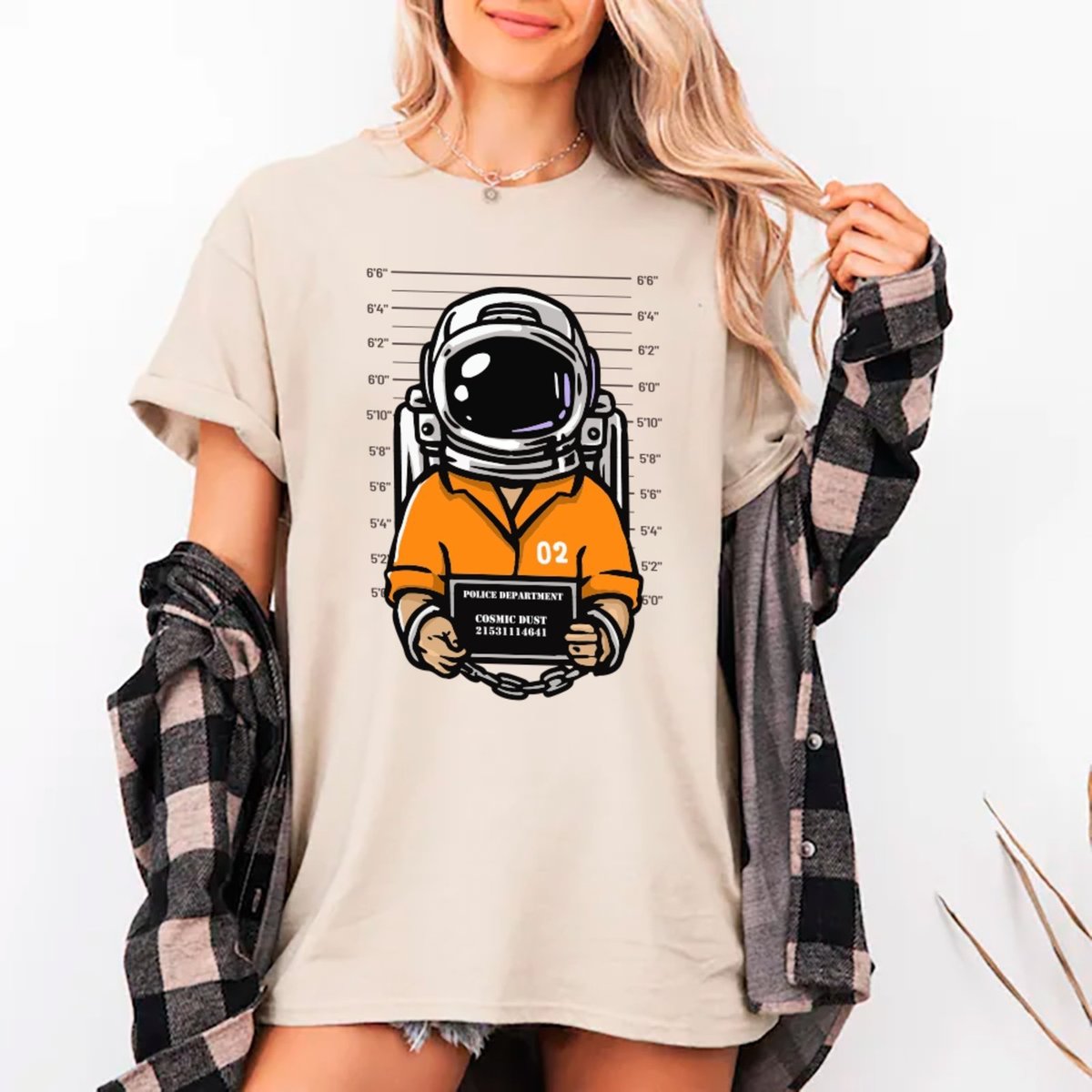 Imagem principal Camiseta Ousy Unissex Streetwear Astronauta Mugshot Visual Impactante Oversized Off White off-white white ousy off-white white