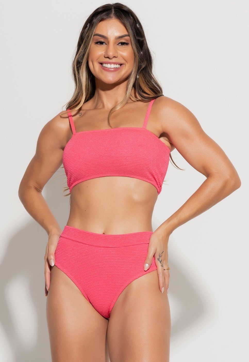 Imagem principal Biquíni Top Faixa Hot Pants Cintura Alta Texturizado Chiclets Mvb Modas rosa Mvb Modas rosa
