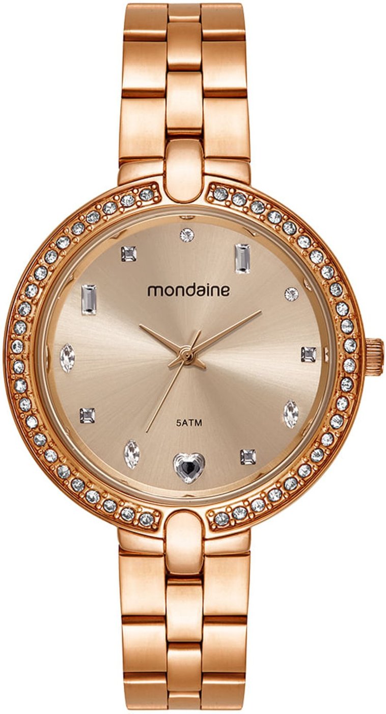 Relógio Feminino Mondaine Rose Cristais Pulseira Aço