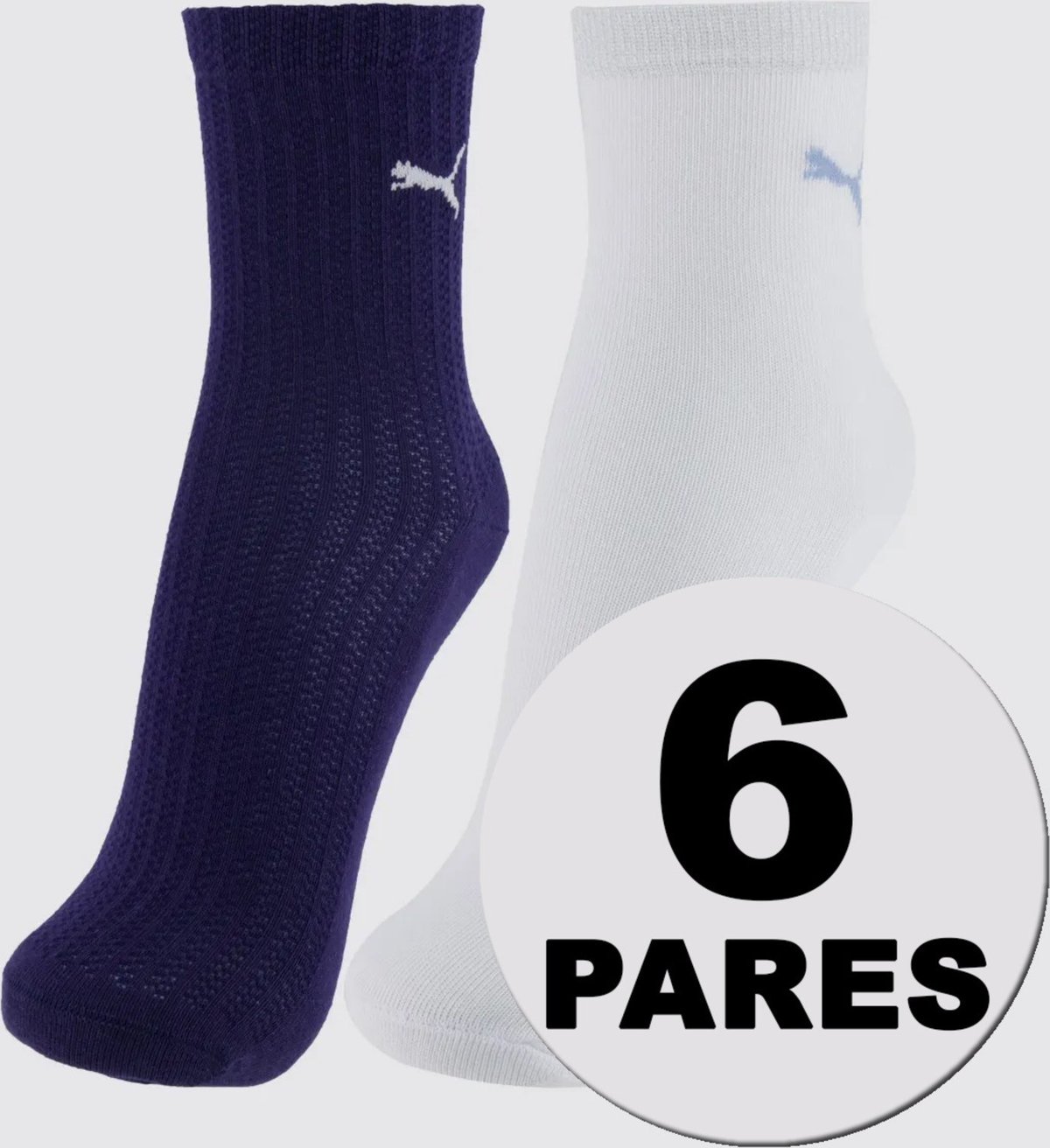 Kit Meia Puma Cano Médio 6 Pares Feminina Branca e Marinho