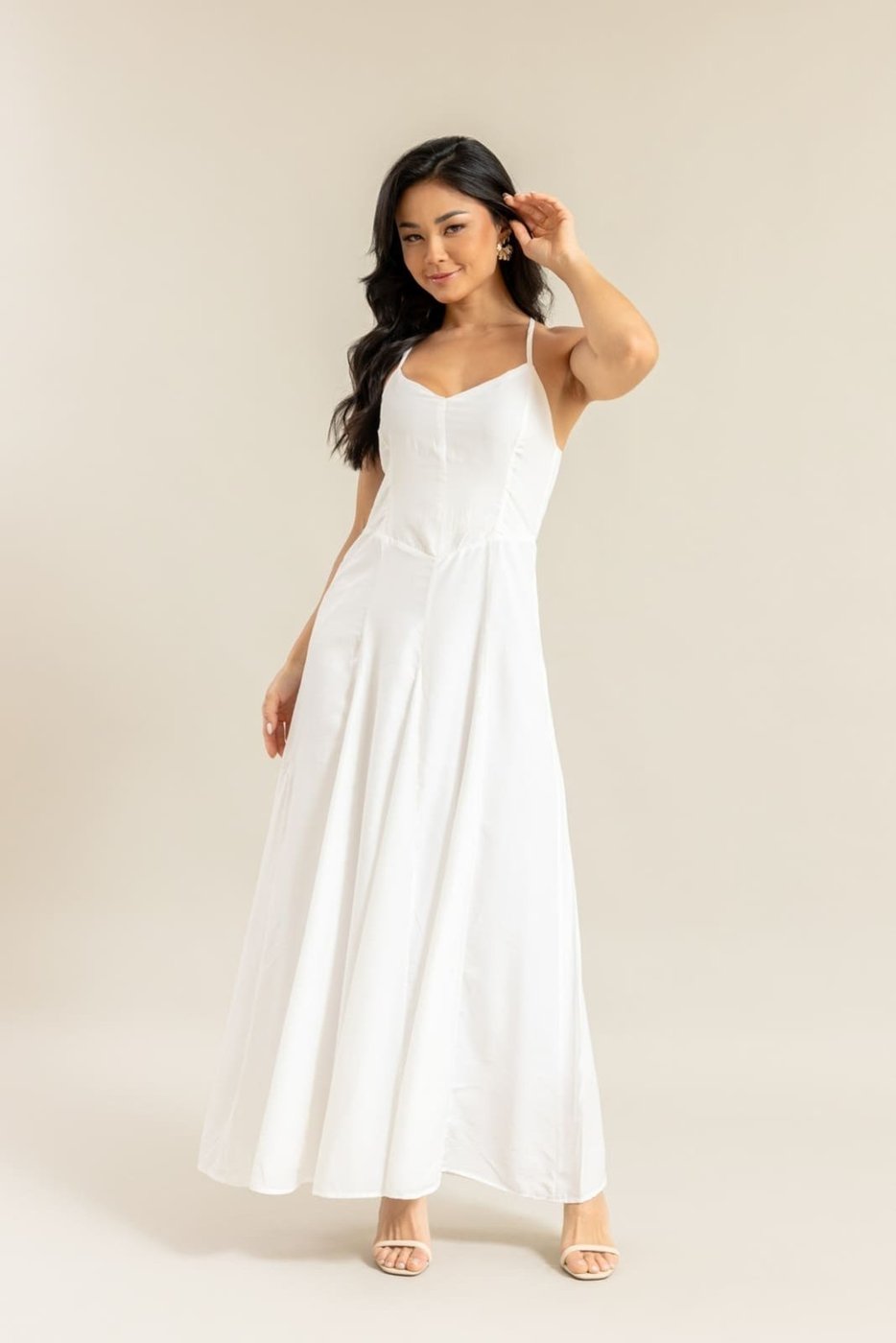 Vestido Cetim Feminino com Alças e Zíper Lemier Collection Off White