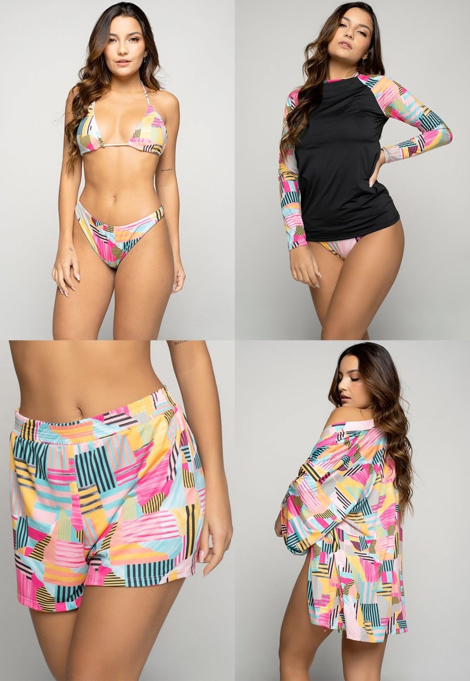 Combo Vicbela Biquini Cortininha Calcinha Comum + Blusa Feminina Segunda Pele Proteção UV 50+ Manga Longa + Short Curto + Saída de Praia Kimono Moda Praia Verão
