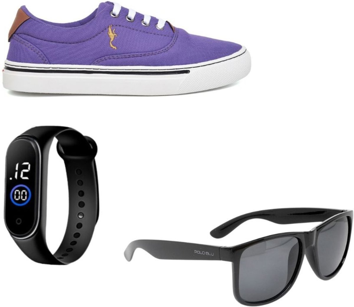 Tênis Feminino Casual Clássico Roxo Polo Blu com Relógio Digital + Óculos do 33 ao