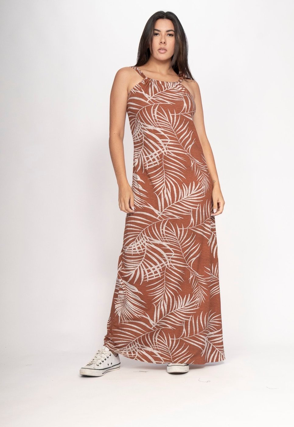 Vestido CabanaFree Capotira Longo Malha Alça Ajustável Palmas da Terra