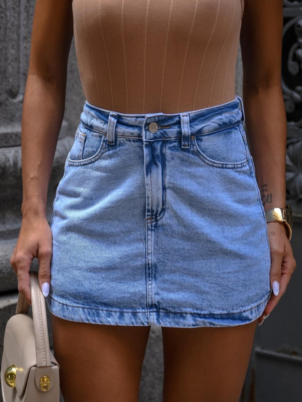 Saia Shorts Jeans Feminina Lavagem Clara Cintura Alta
