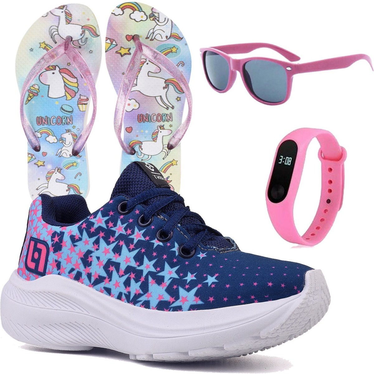Infantil - Kit Tênis Pink Meninas Escolar Chinelo Óculos Relógio