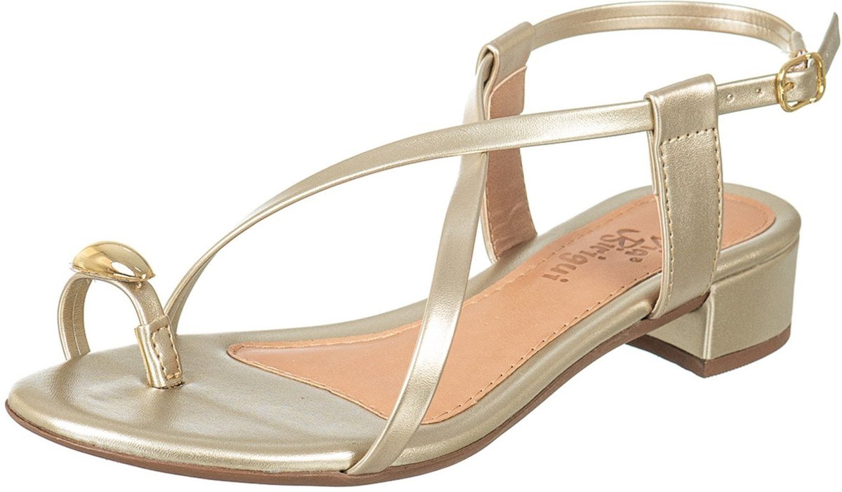 Sandália Feminina Saltinho Baixo Dedo Anel Enfeite Metalizado Via Birigui