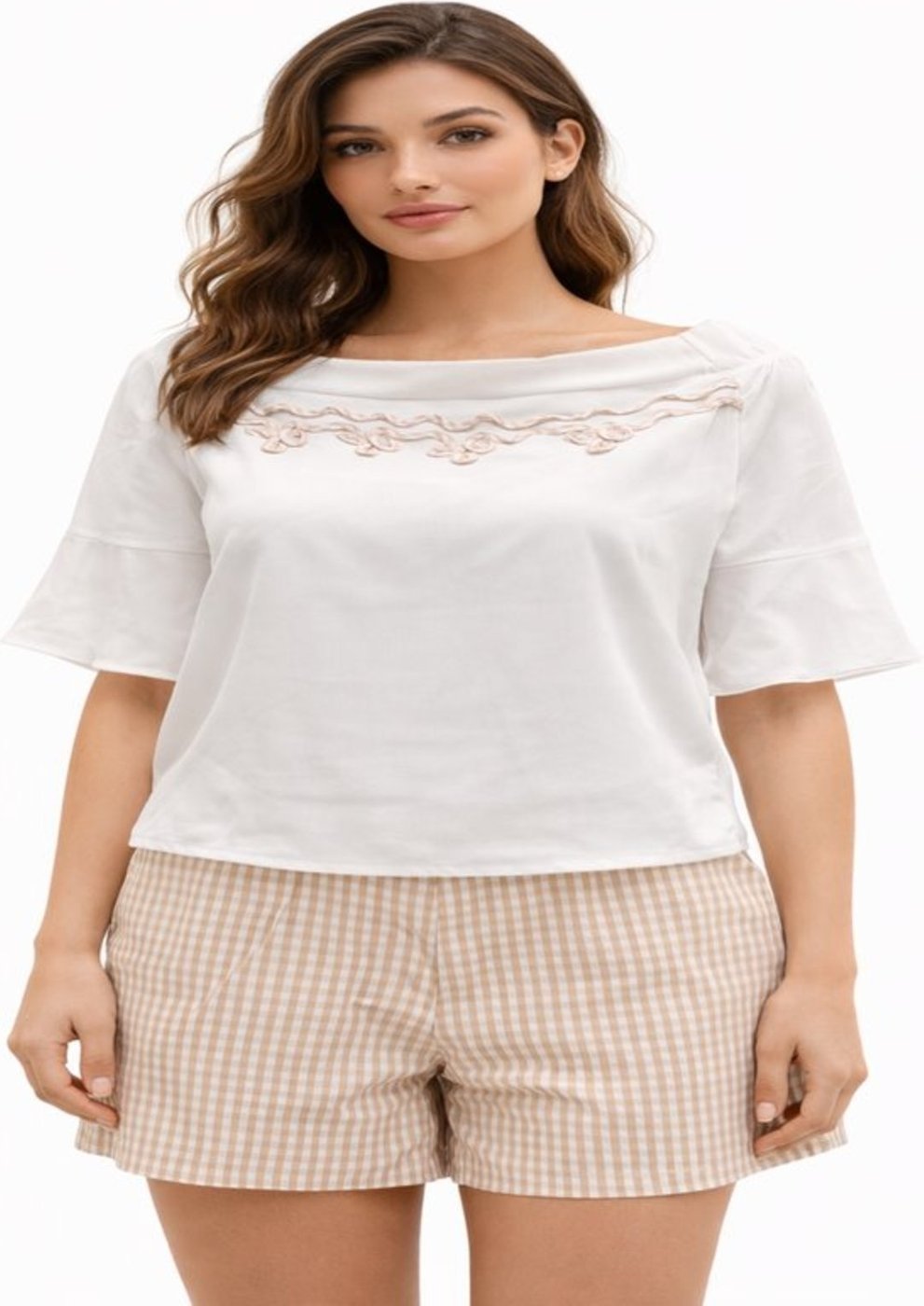 Imagem principal Conjunto Feminino Blusa e Shorts Bordado Manga Sino Summer Body cinza/off-white Summer Body cinza/off-white