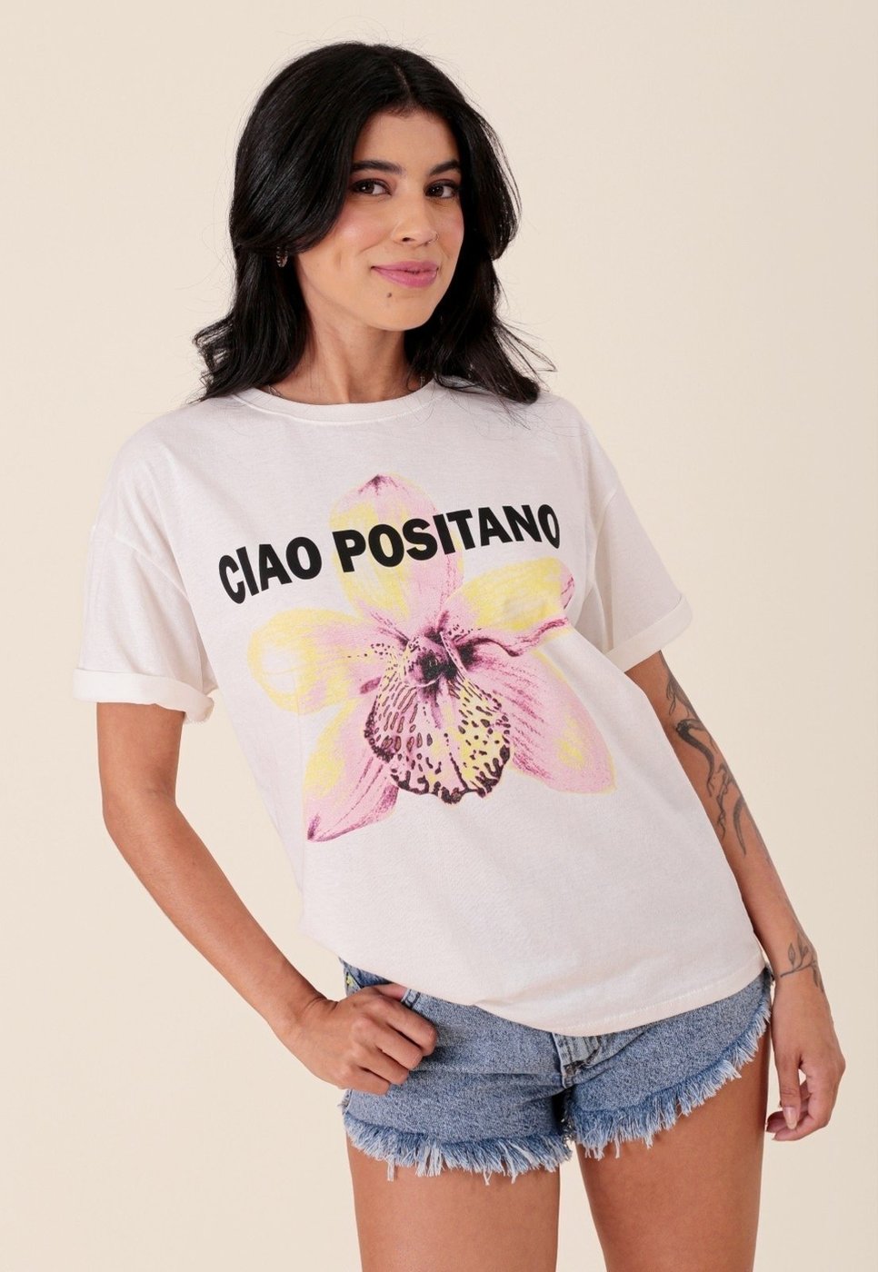 T-Shirt Pop Me Em Algodão Manga Curta Ciao Positano Off-White