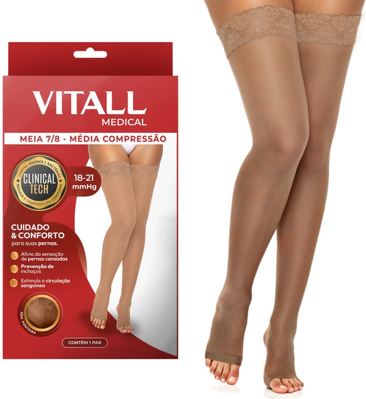 Meia 7/8 Vitall Medical Média Compressão Sem Ponteira 18-21 mmHg Feminino 1712