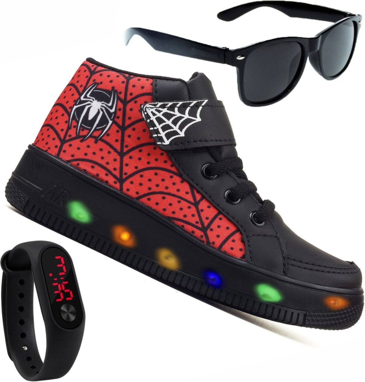 Infantil - Tenis Masculino De Led Botinha Aranha Calce Facil + Oculos + Relogio
