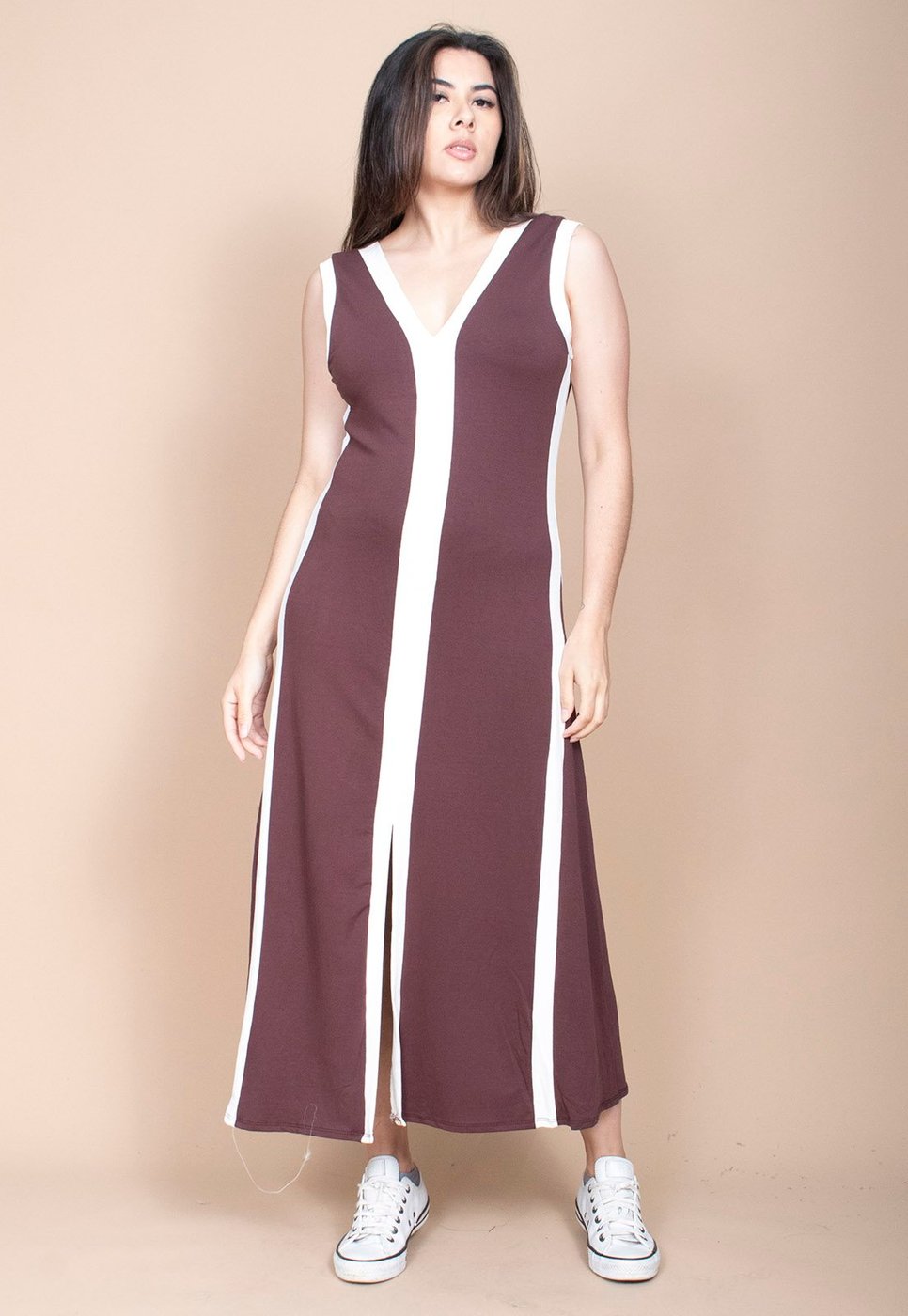 Vestido Cabanafree Midi Fenda Frontal Color Block Marrom