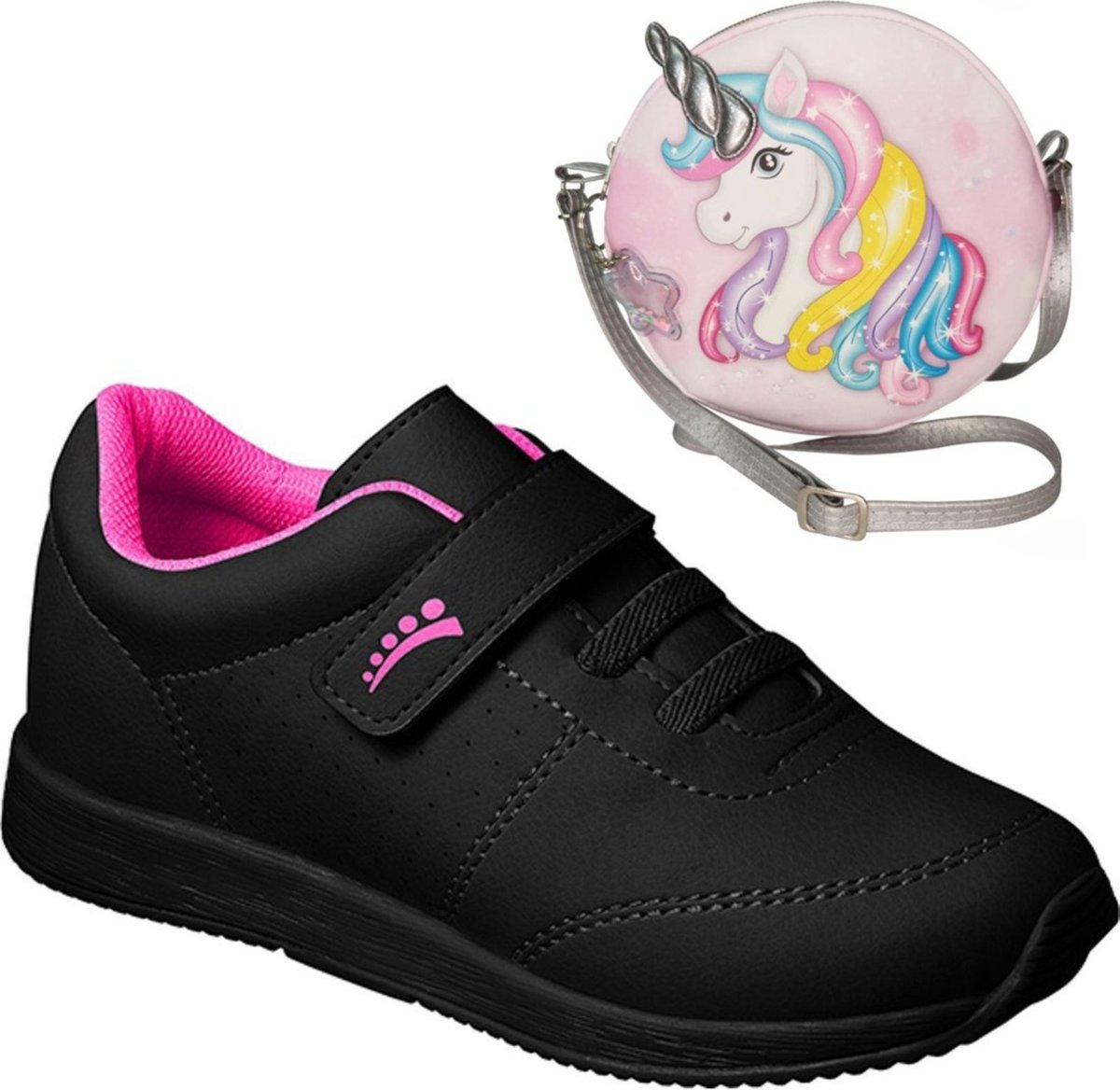 Imagem principal Infantil - KIT Tênis Jogging Menina + Bolsa Unicornio Escolar Brinde Fashion Festa Moda Ortopasso preto Ortopasso preto