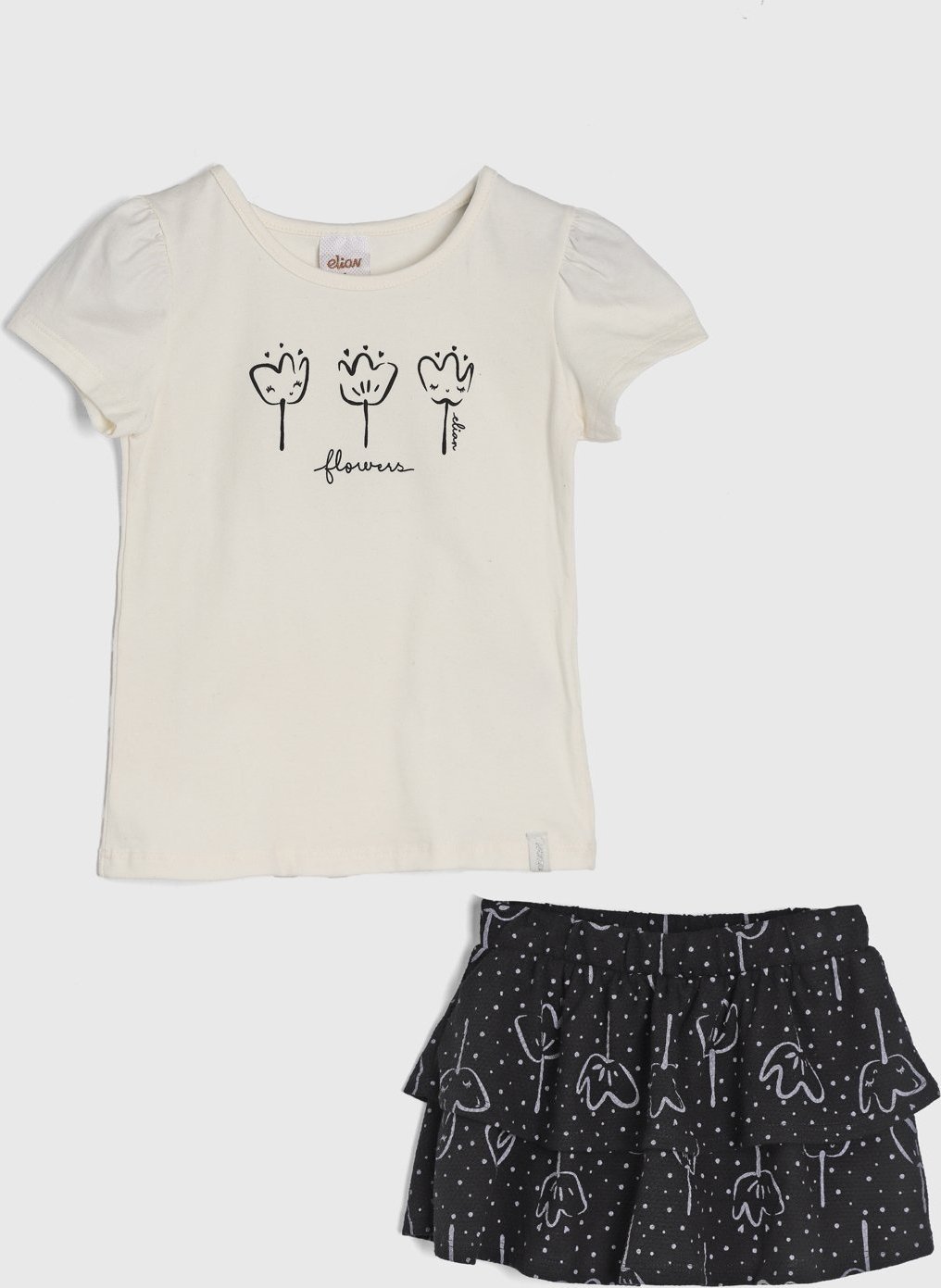 Imagem principal Infantil - Conjunto Elian Blusa Off-White Estampada e Saia Preta Floral off-white white Elian off-white white