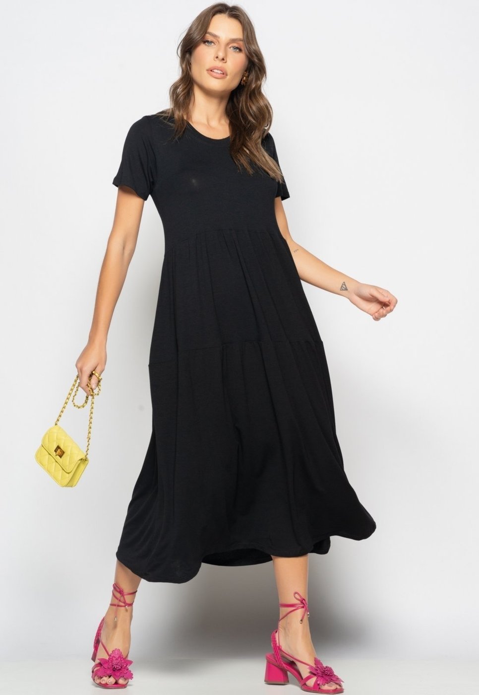 Vestido Midi Manga Curta Com Babado Salvatore