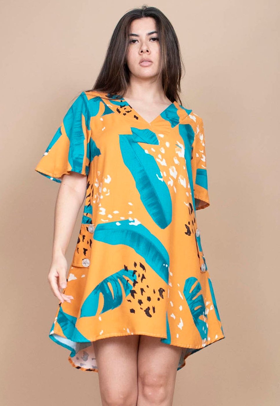 Vestido Cabanafree Curto Pataxô Viscose Mullet Decote V Estampa Aurora Botânica