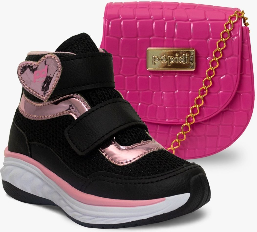 Imagem principal Infantil - Kit Bolsa e Tenis Menina Cano Alto Pópidi Preto Pink branco pink Pópidí branco pink