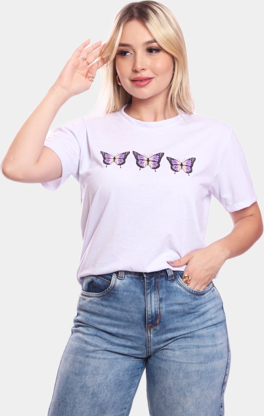 Imagem principal Tshirt Blusa Feminina 3 Borboletas Estampada Manga Curta Camiseta Camisa ADRIBEN branco ADRIBEN branco